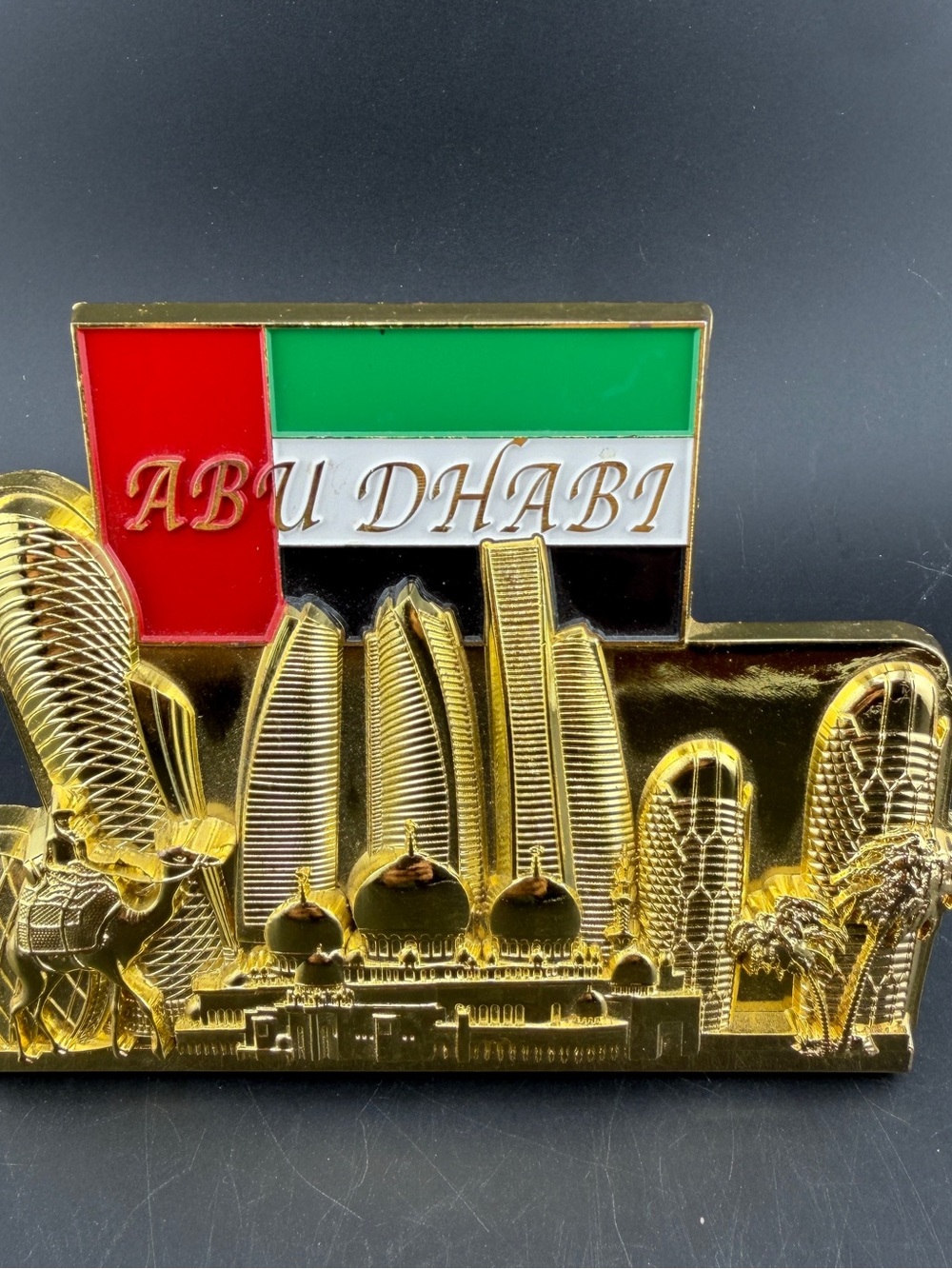 Gold Abu Dhabi Skyline Statue Souvenir Desk Stand 5”x4”